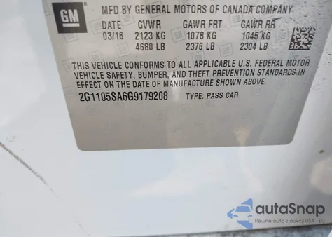 2016 Chevrolet Impala 1Lt z USA, uszkodzony, nr VIN 2G1105SA6G9179208